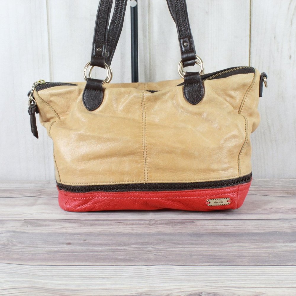 THE SAK Women's Brown Red Leather Tote Handbag - Picture 2 of 12